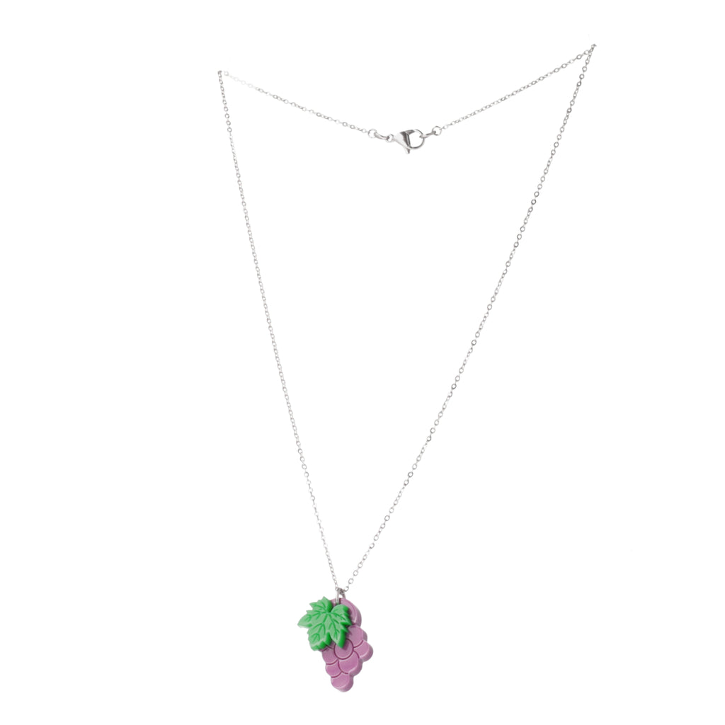 necklace featuring acrylic purple grapes on stainless steel chain