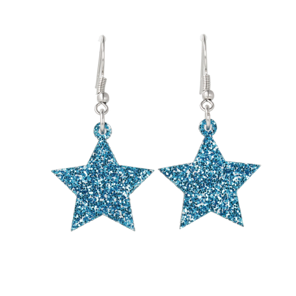 Blue glitter star charms on stainless steel earwires