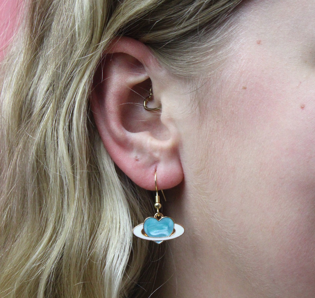 Aqua Heart Planet Drop Earrings - Sour Cherry
