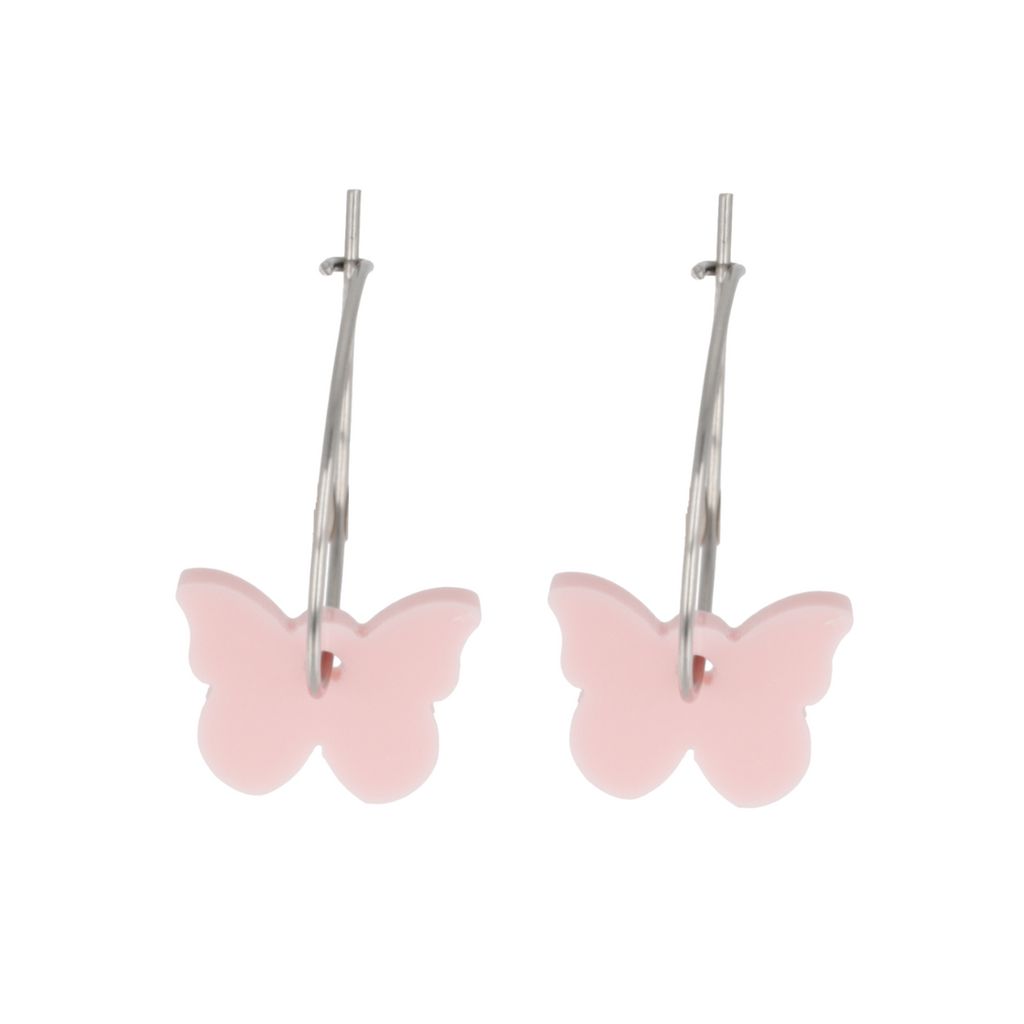 Pink butterfly earrings on a white background