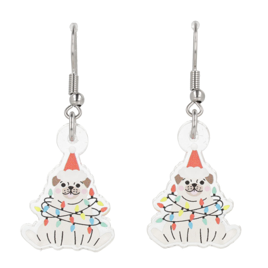Pair of earrings with pug dog design wearing a Santa hat and lights on a white background