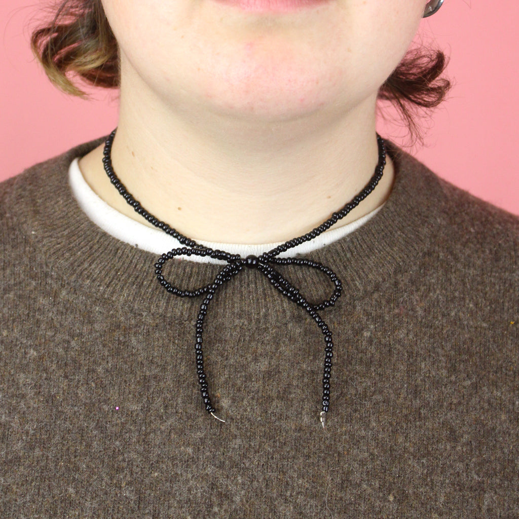 Beaded Bow Choker - Black - Sour Cherry