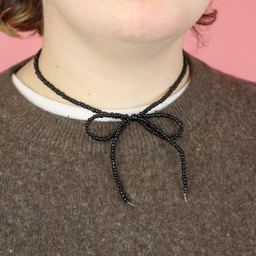 Beaded Bow Choker - Black - Sour Cherry