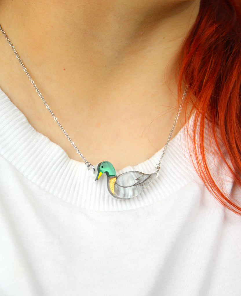 Mallard duck pendant on a stainless steel chain