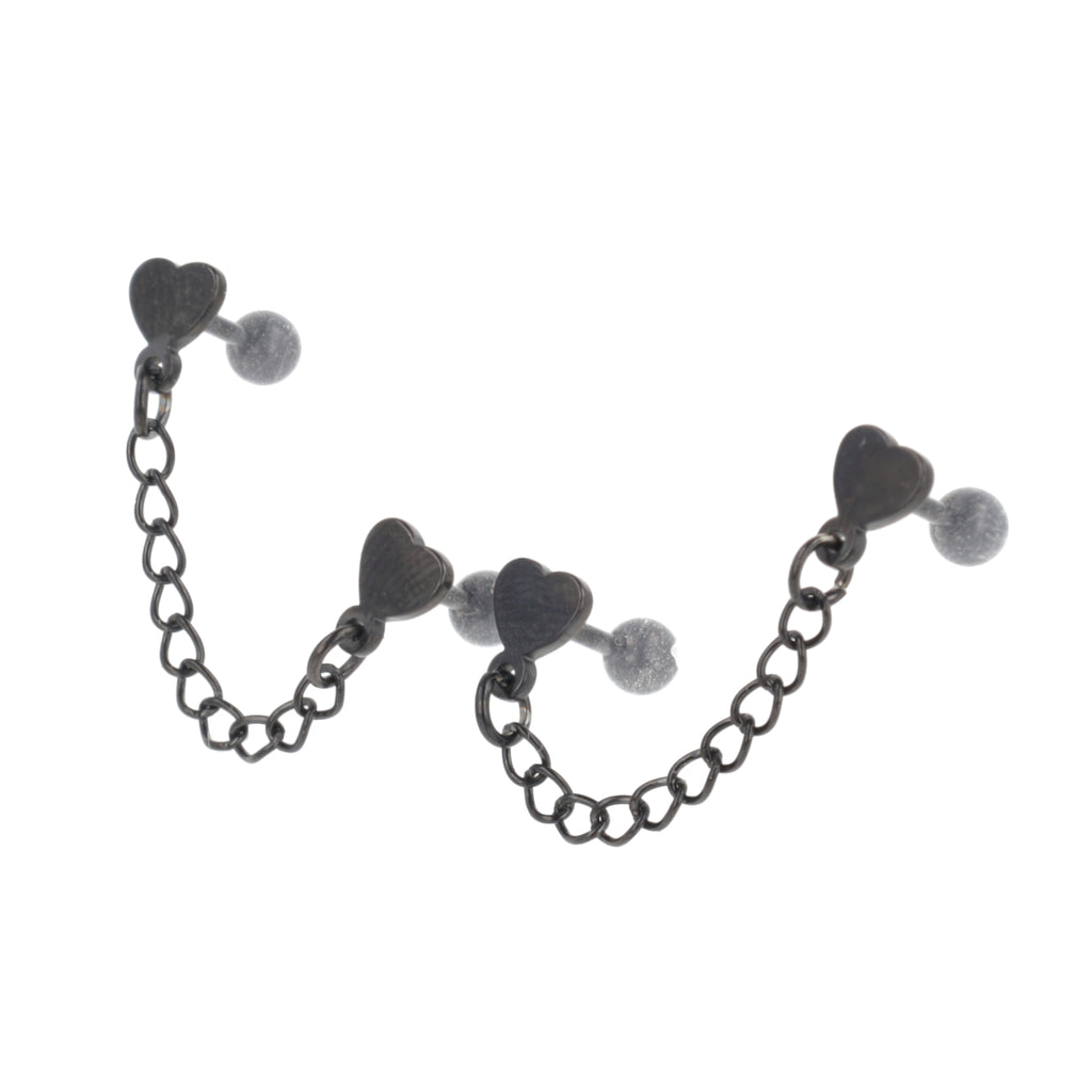 Heart Chain Double Stud Earrings (Black) - Sour Cherry