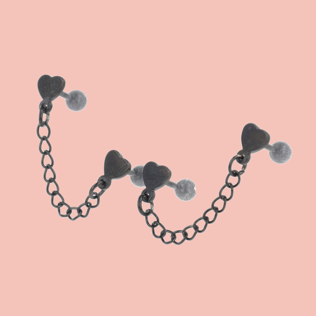 Heart Chain Double Stud Earrings (Black) - Sour Cherry