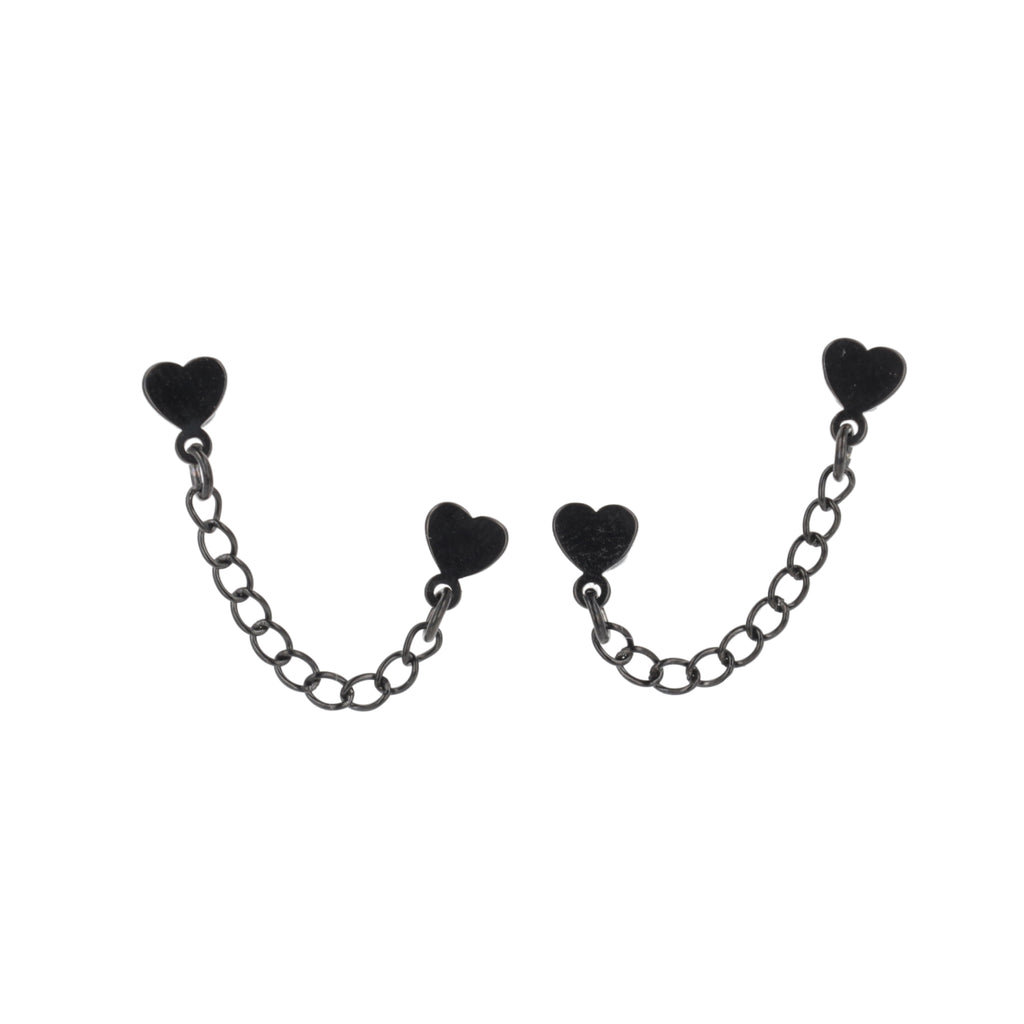 Heart Chain Double Stud Earrings (Black) - Sour Cherry