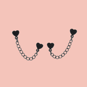 Heart Chain Double Stud Earrings (Black) - Sour Cherry