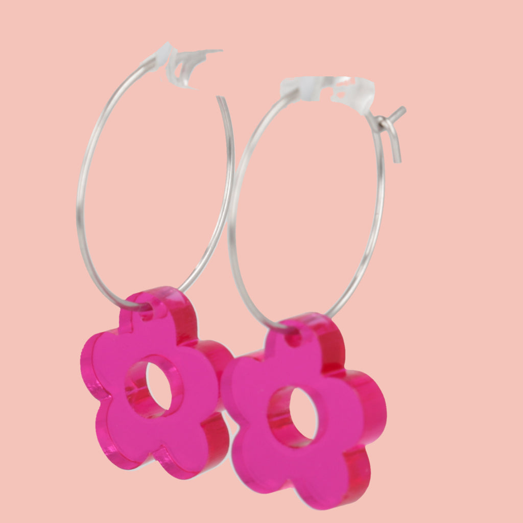 Blooming Botanicals Flower Hoop Earrings (Hot Pink) - Sour Cherry