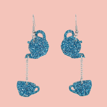 Blue Glitter Fancy A Cuppa Earrings - Sour Cherry