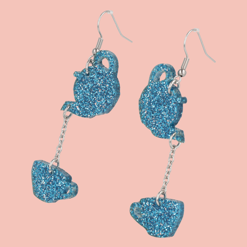 Blue Glitter Fancy A Cuppa Earrings - Sour Cherry