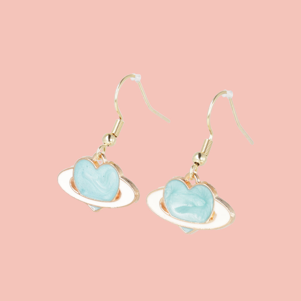 Aqua Heart Planet Drop Earrings - Sour Cherry