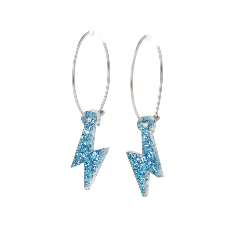 Mini Blue Glitter Lightning Bolt charms on stainless steel hoops