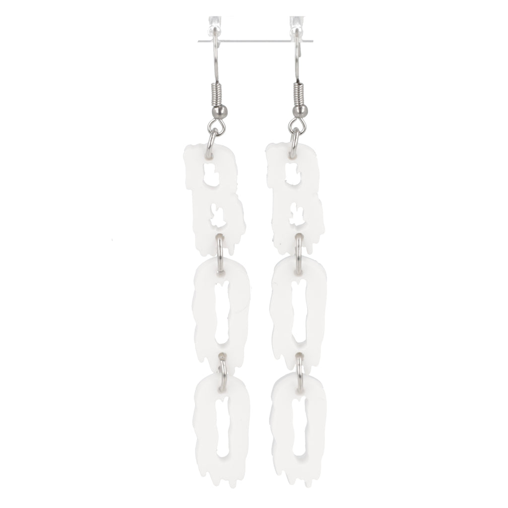 THE LETTERS B, O, O SPELLED OUT VERTICALLY WITH A WHITE DRIPPY EFFECT ON STAINLESS STEEL EARWIRES