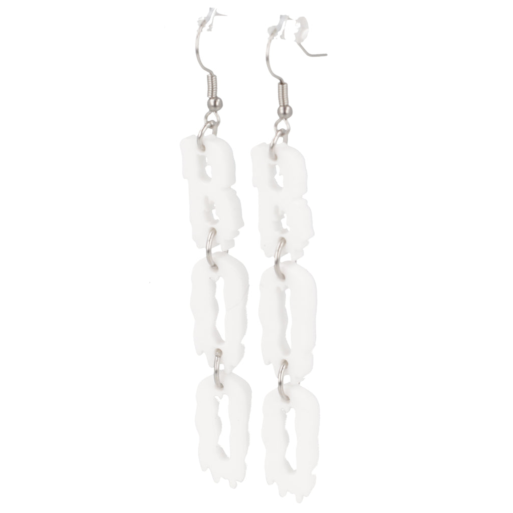 THE LETTERS B, O, O SPELLED OUT VERTICALLY WITH A WHITE DRIPPY EFFECT ON STAINLESS STEEL EARWIRES
