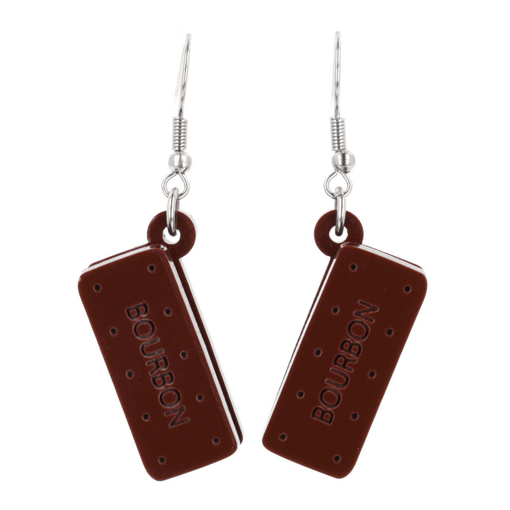 Bourbon biscuit earrings on a white background