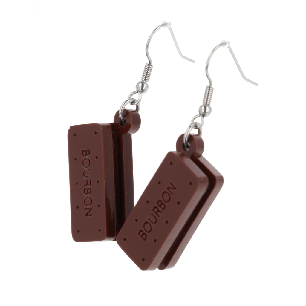 Bourbon biscuit earrings on a white background