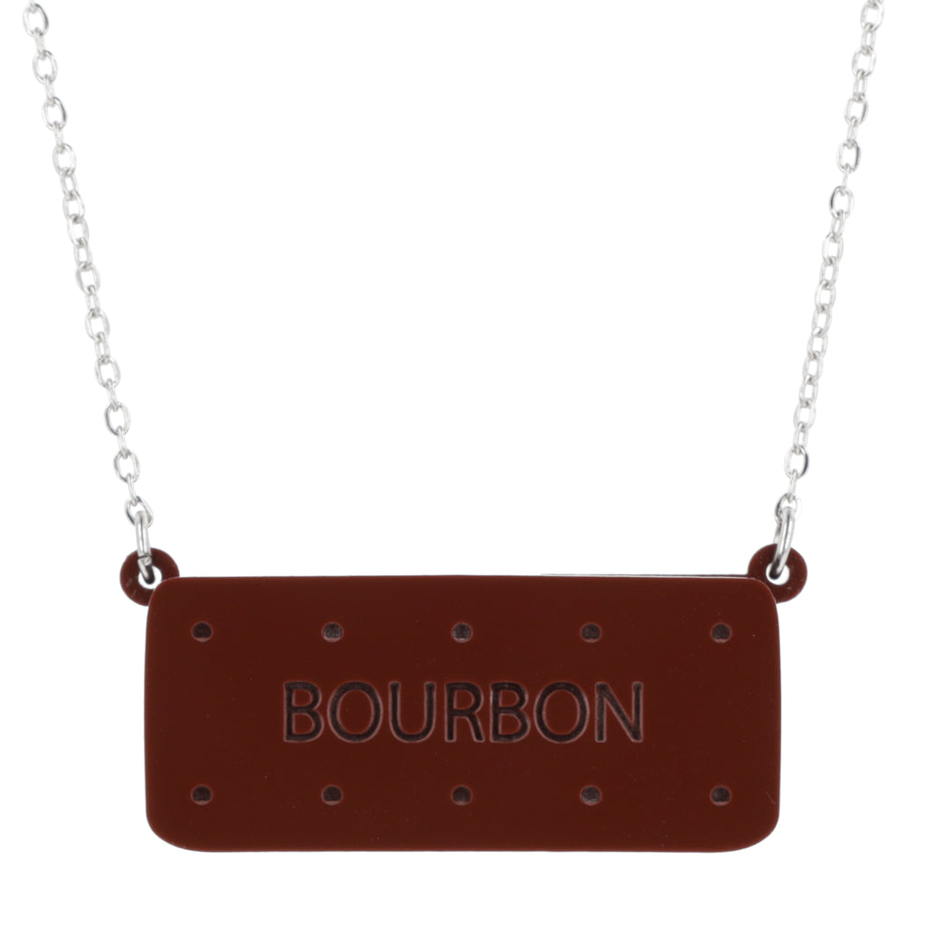 Necklace with a bourbon biscuit pendant on a white background
