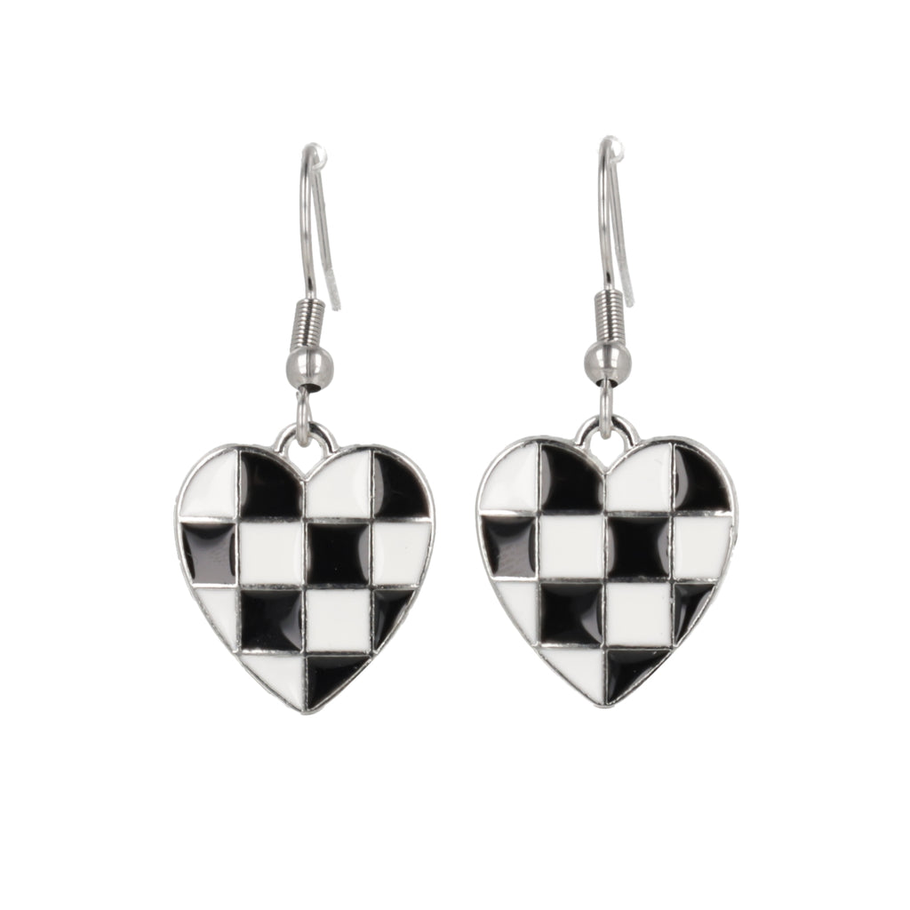 Heart-shaped checkered earrings on a white background