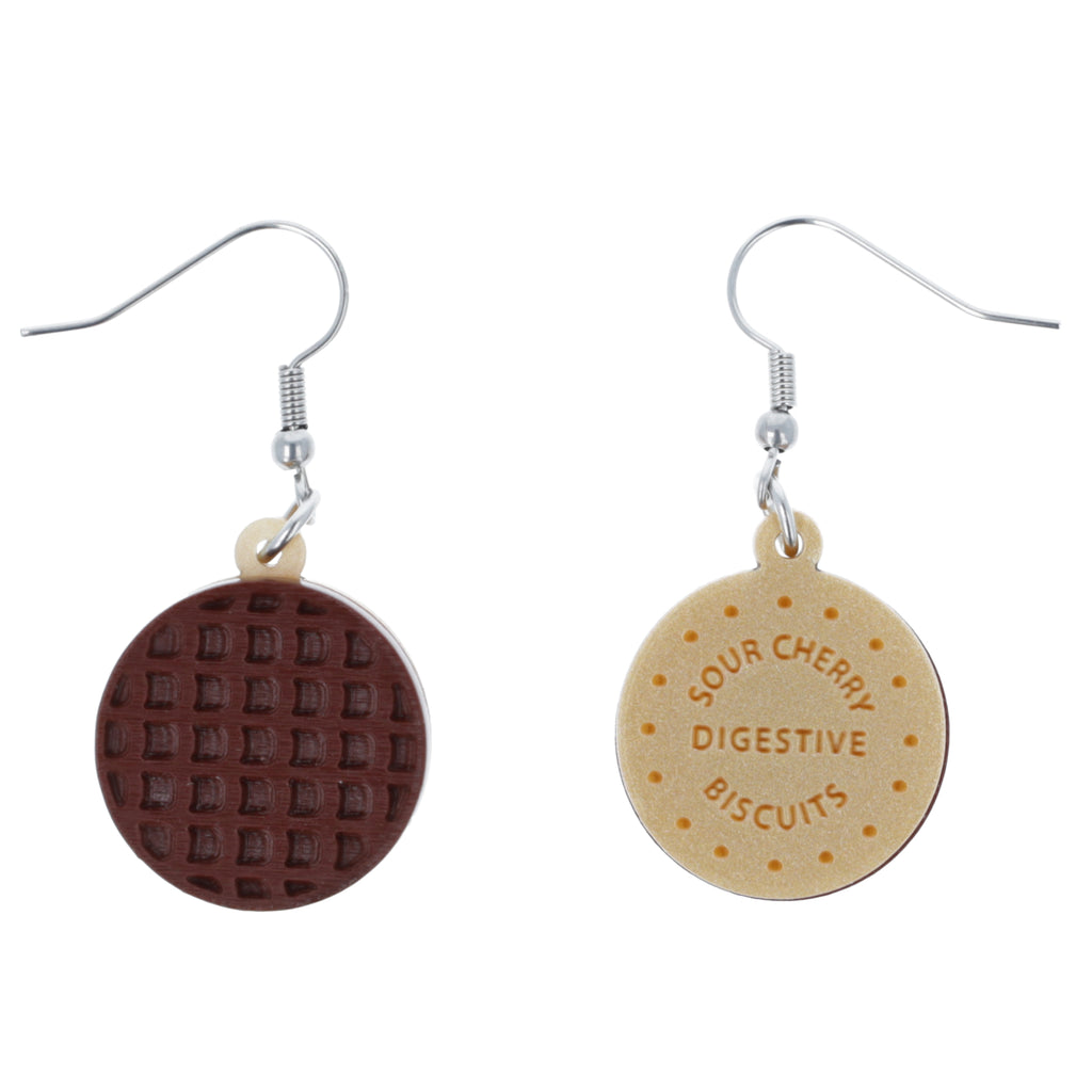 Chocolate digestive earrings on a white background