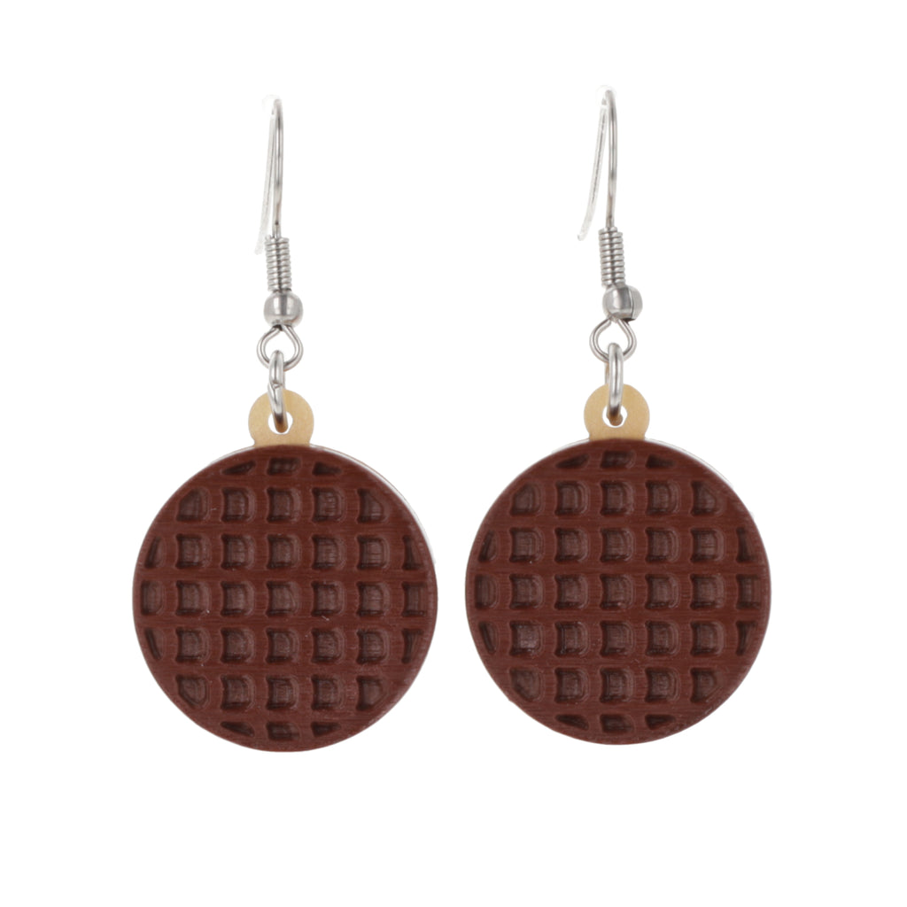 Chocolate digestive earrings on a white background