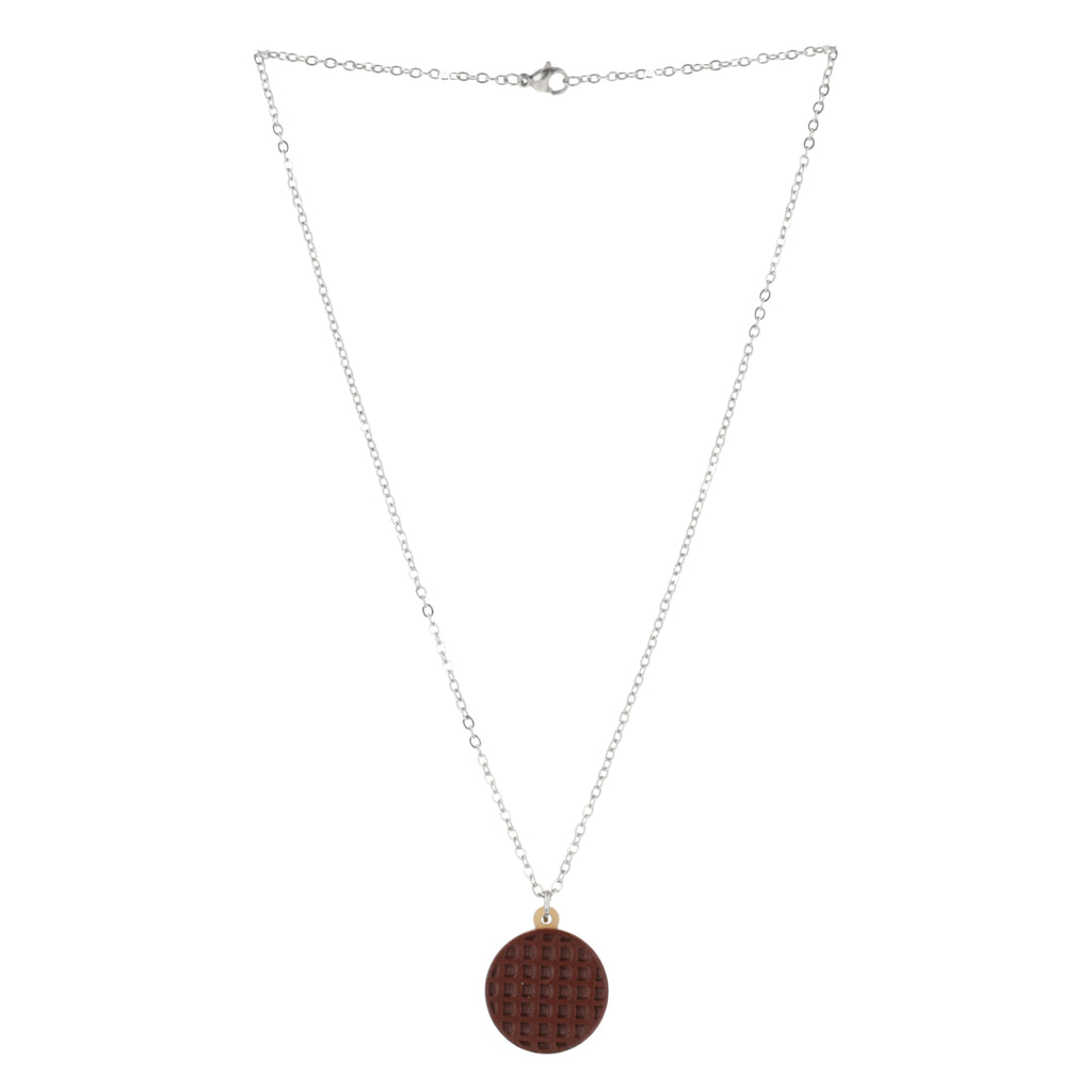 Necklace with a chocolate digestive pendant on a white background