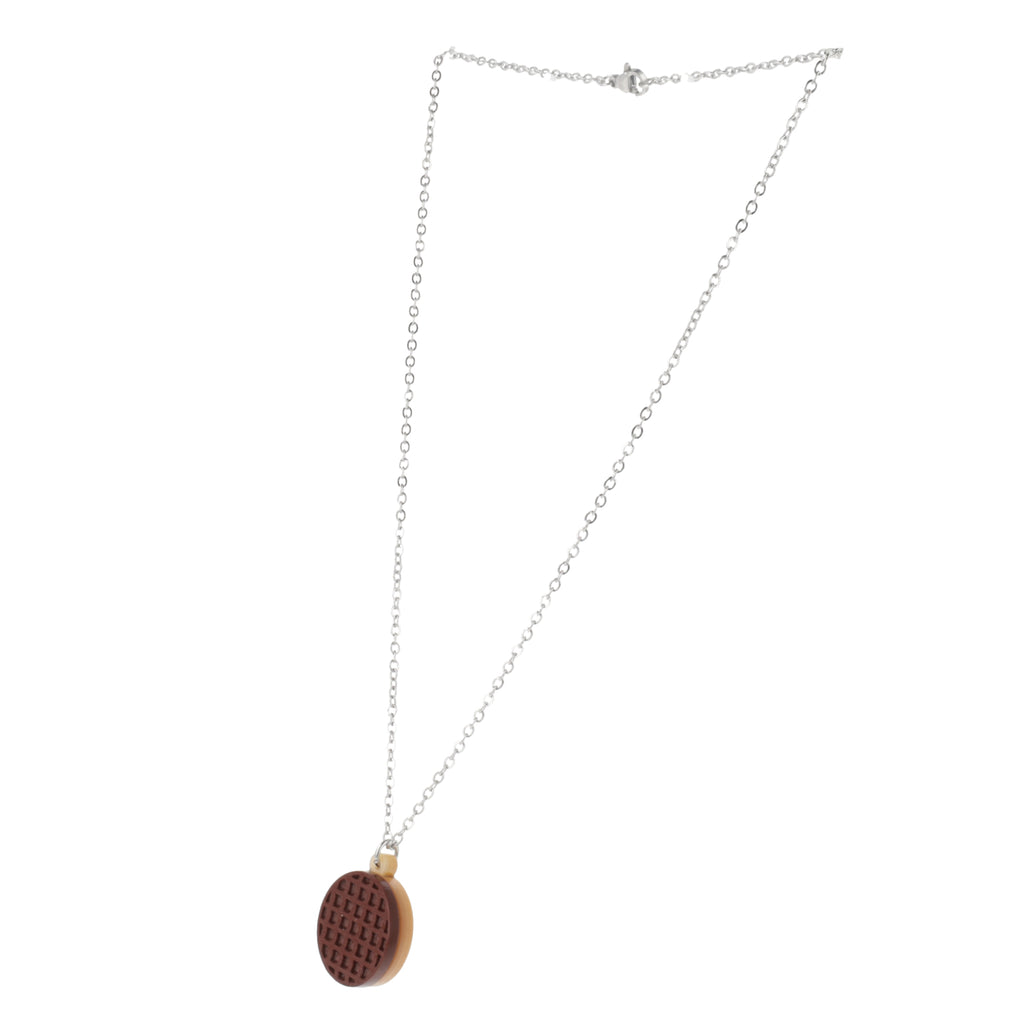 Necklace with a chocolate digestive pendant on a white background