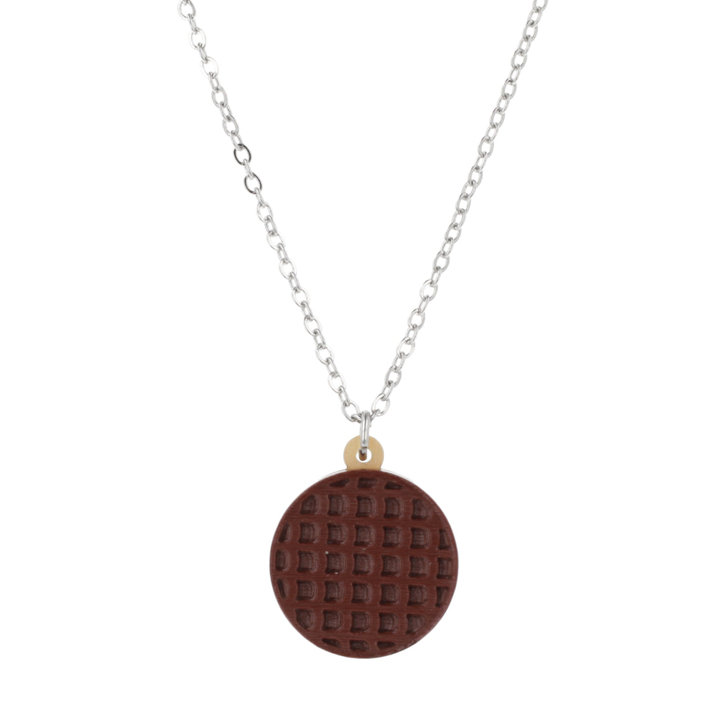 Necklace with a chocolate digestive pendant on a white background