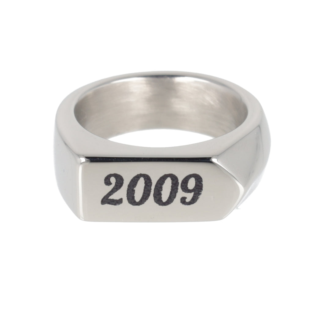 Chunky stainless steel ring with birth year engraved in black