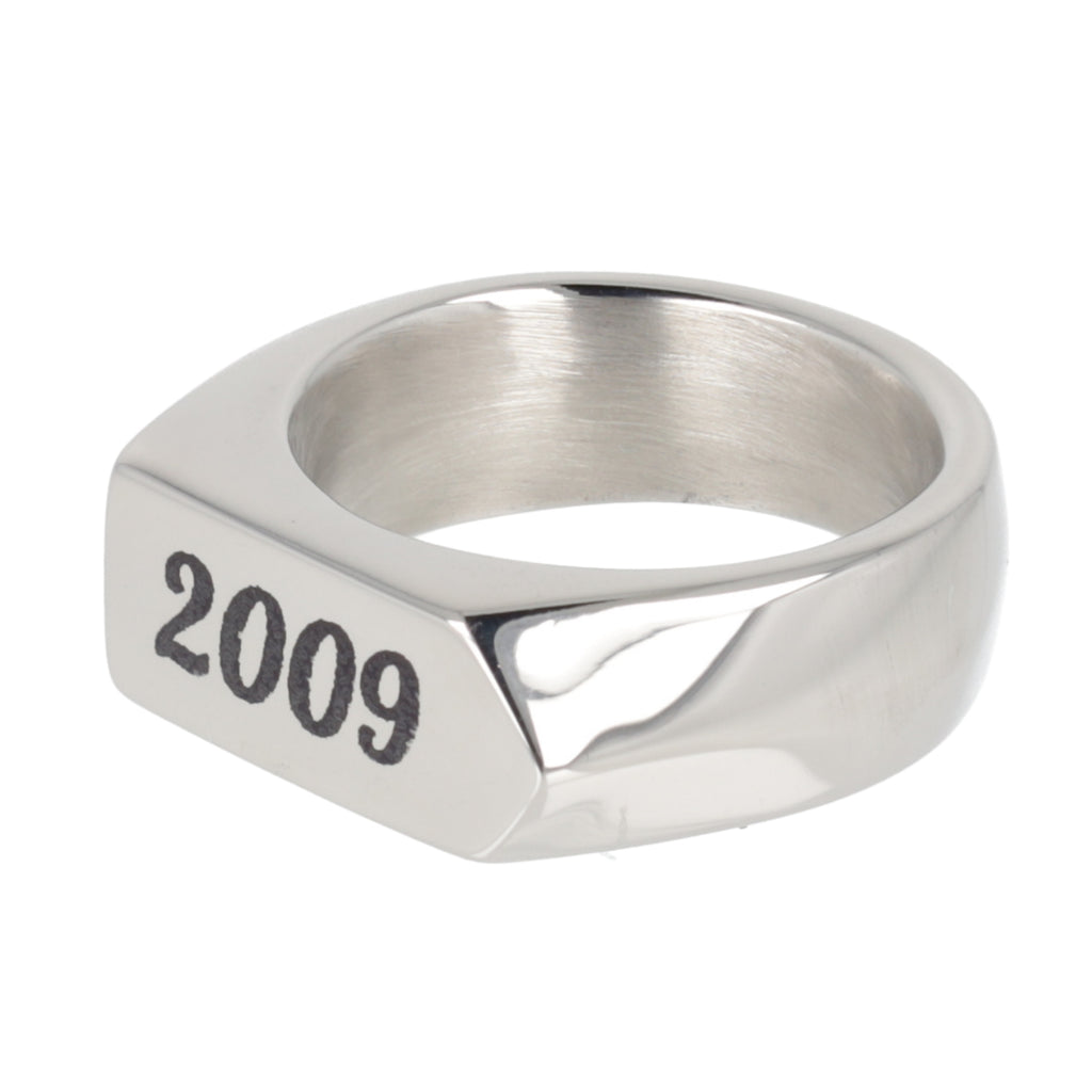 Chunky stainless steel ring with birth year engraved in black