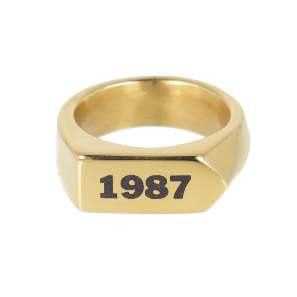 Chunky gold plated stainless steel ring with birth year engraved in black