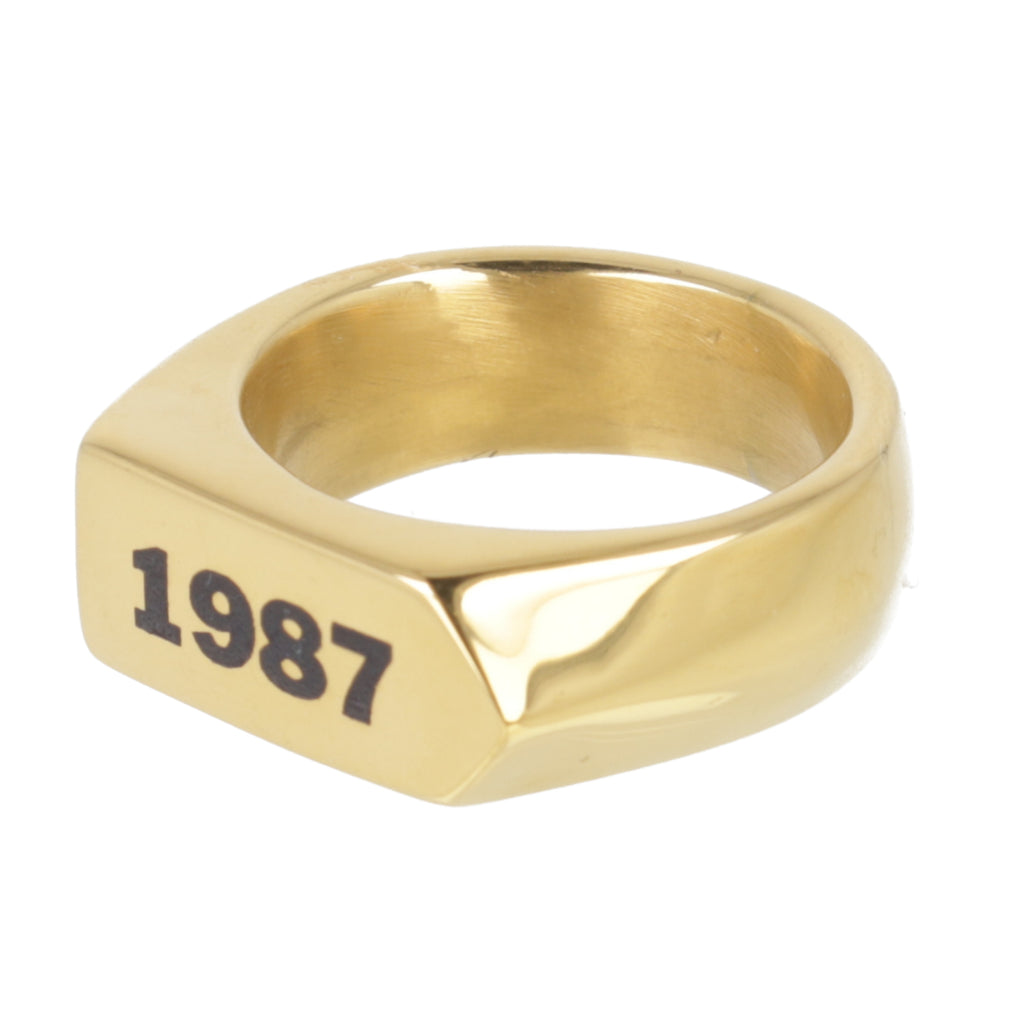 Chunky gold plated stainless steel ring with birth year engraved in black