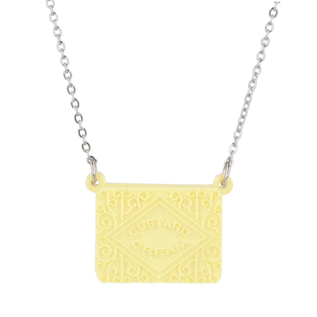 Custard cream necklace on a white background