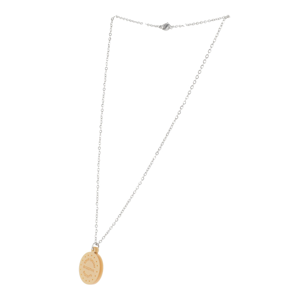 Necklace with a digestive biscuit pendant on a white background