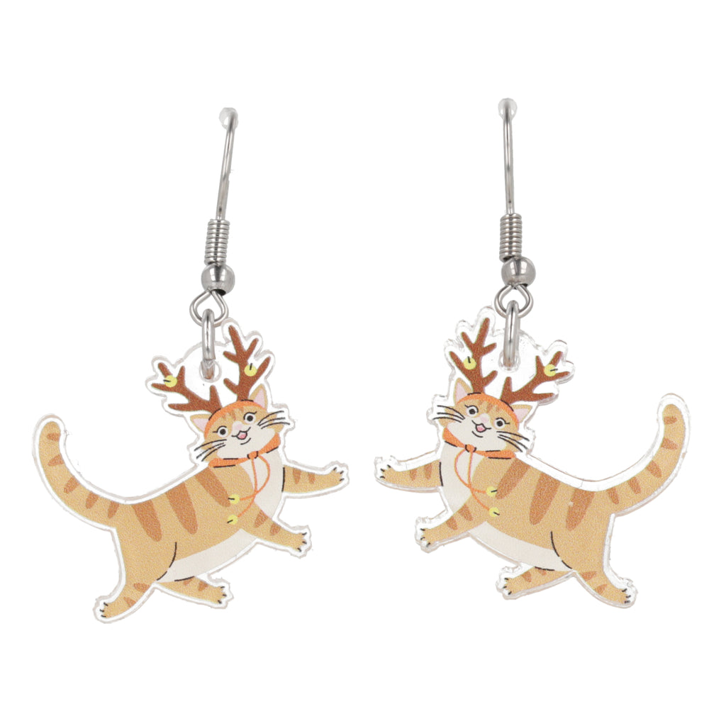 Cat-shaped earrings with reindeer antlers on a white background
