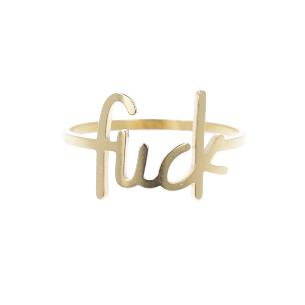 Gold plated titanium ring with the word f*ck printed on the front