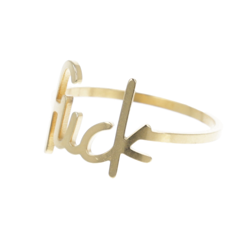 Gold plated titanium ring with the word f*ck printed on the front