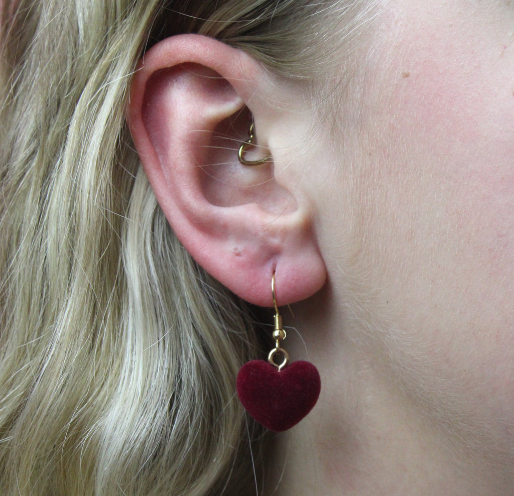 Fuzzy Dark Red Heart Earrings - Sour Cherry
