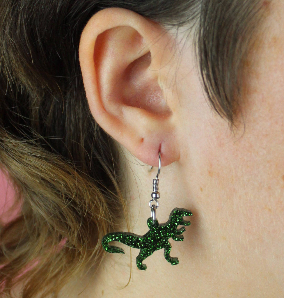 Classic Jurassic Glitter T-Rex Earrings - Sour Cherry