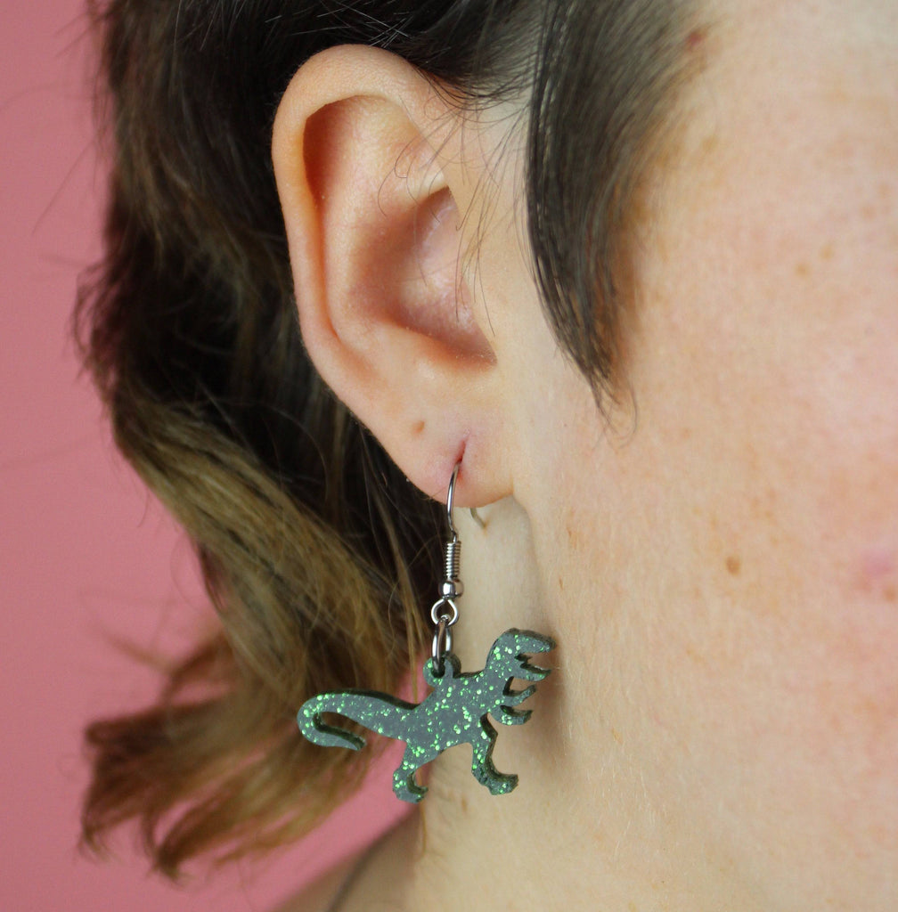 Classic Jurassic Glitter T-Rex Earrings - Sour Cherry