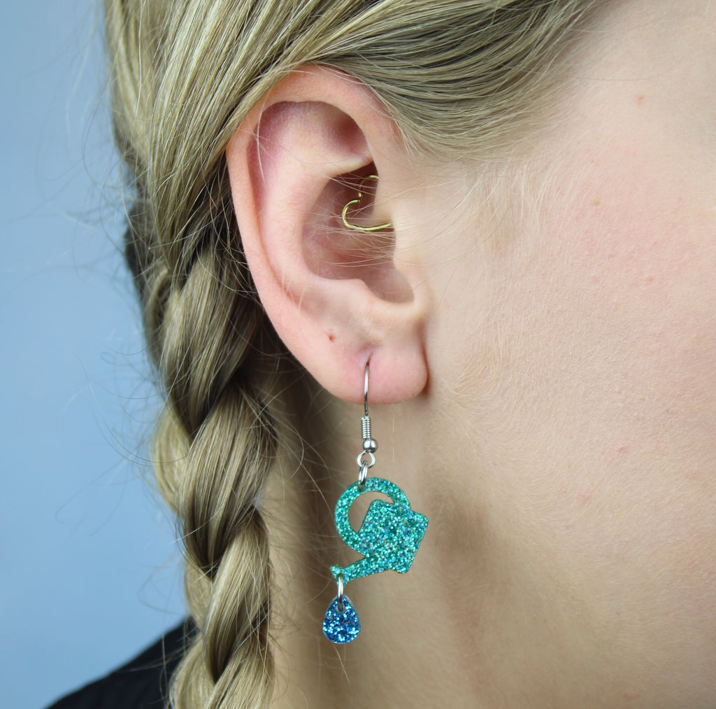 I Wet My Plants! Glitter Watering Can Earrings - Sour Cherry