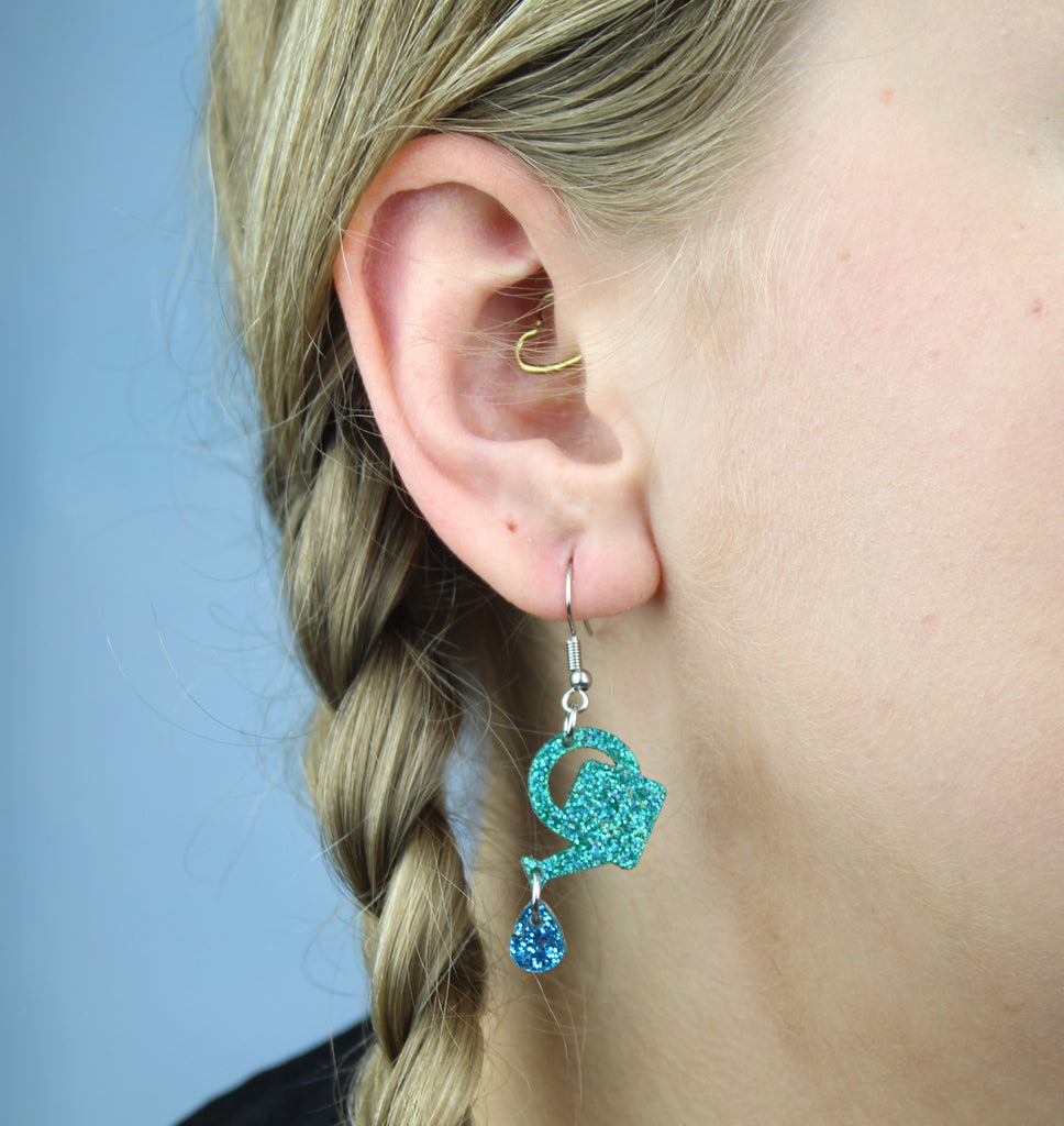 I Wet My Plants! Glitter Watering Can Earrings - Sour Cherry