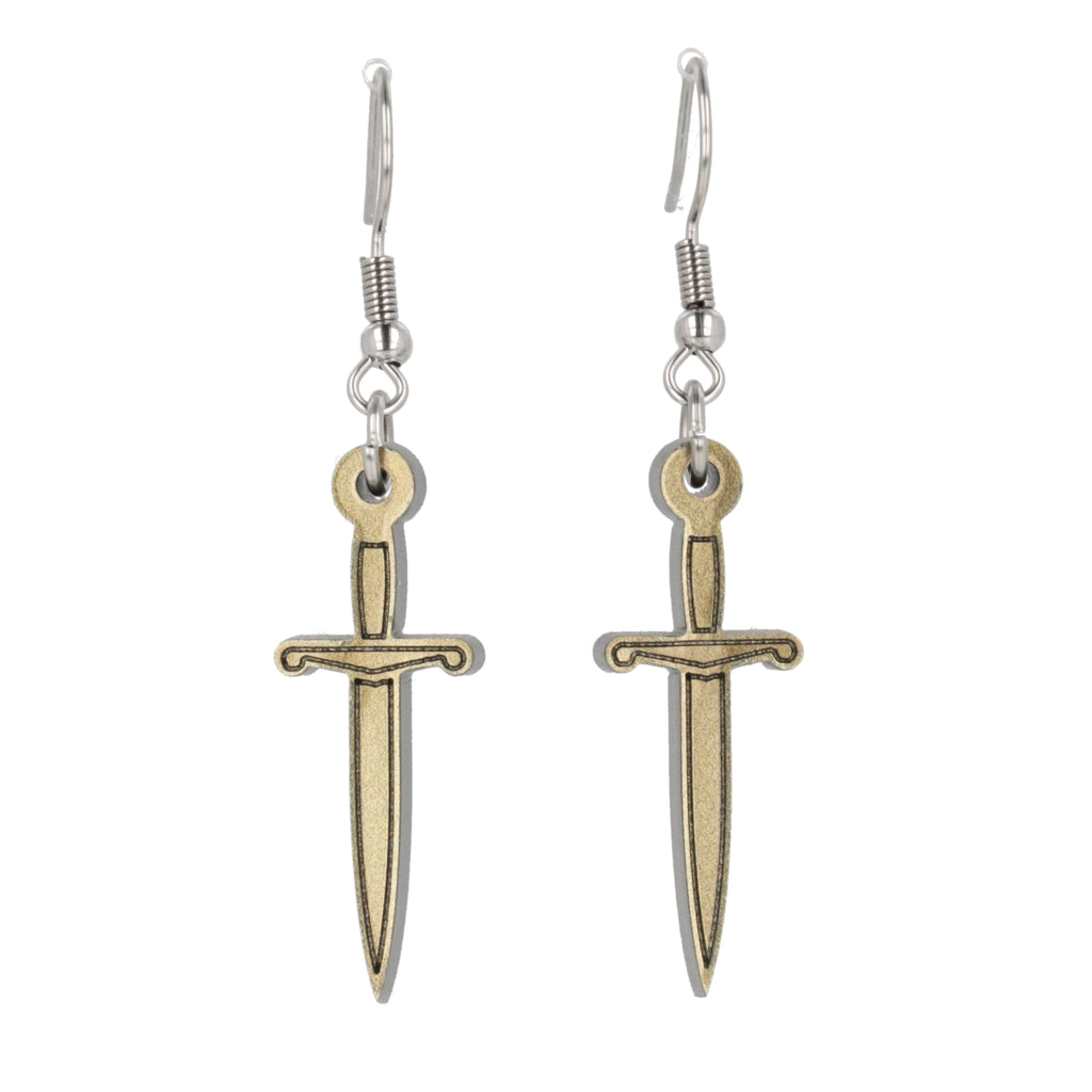 Dagger-shaped earrings with gold and silver finish on a white background
