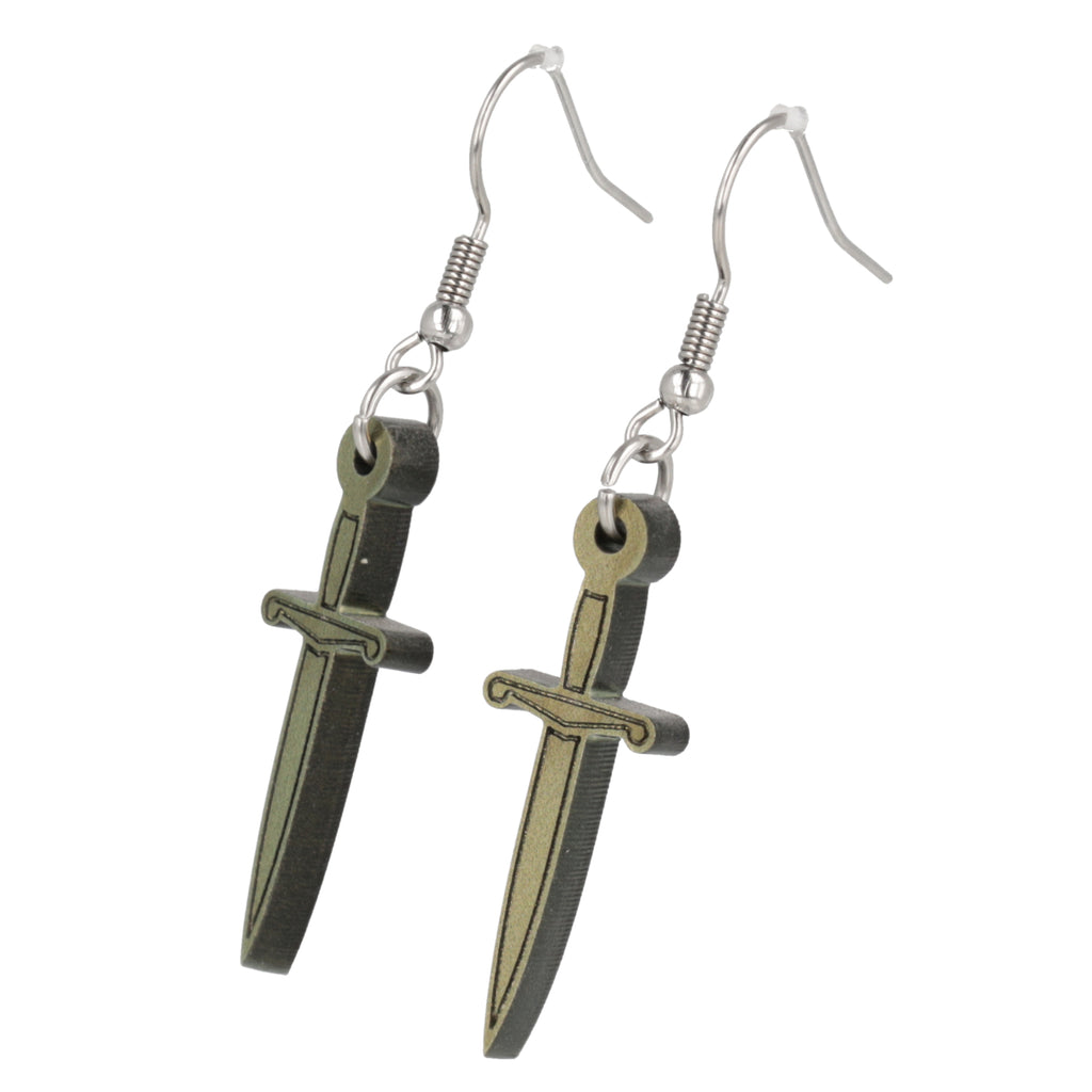 Pair of dagger-shaped earrings on a white background