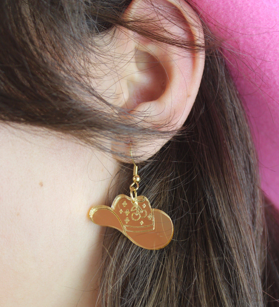 Let's Go Girls Gold Cowgirl Hat Earrings - Sour Cherry