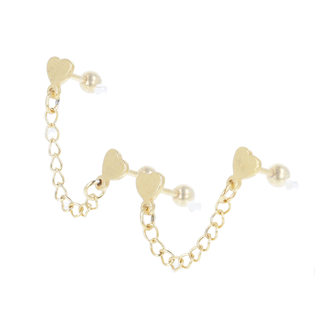 Heart Chain Double Stud Earrings (Gold Plated) - Sour Cherry