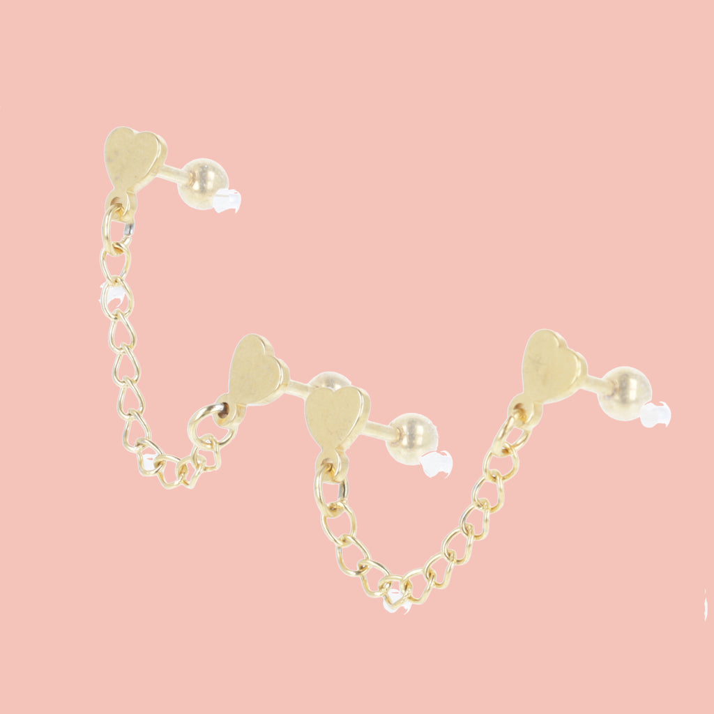 Heart Chain Double Stud Earrings (Gold Plated) - Sour Cherry