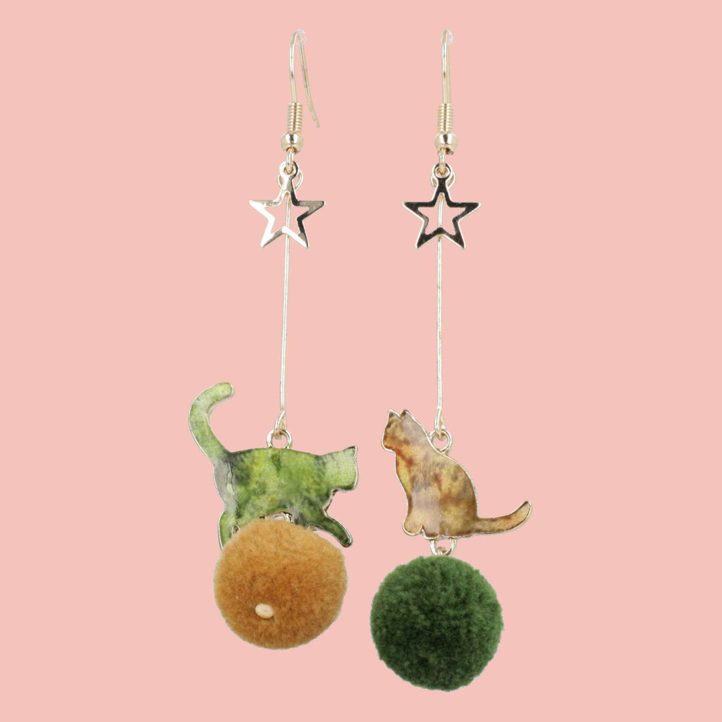 Green Cat Pom Pom Earrings - Sour Cherry