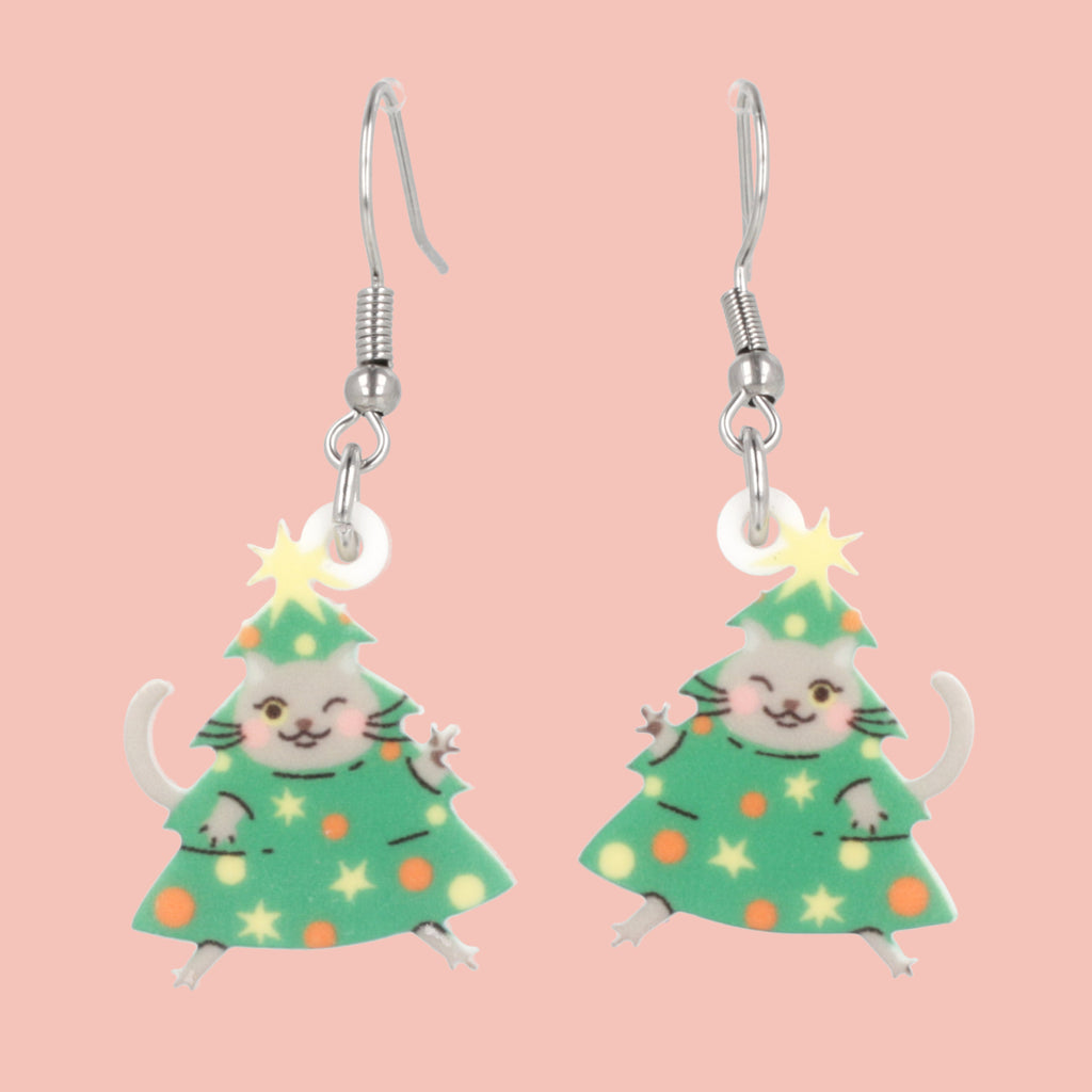 Christmas Tree Kitty Cat Earrings - Sour Cherry