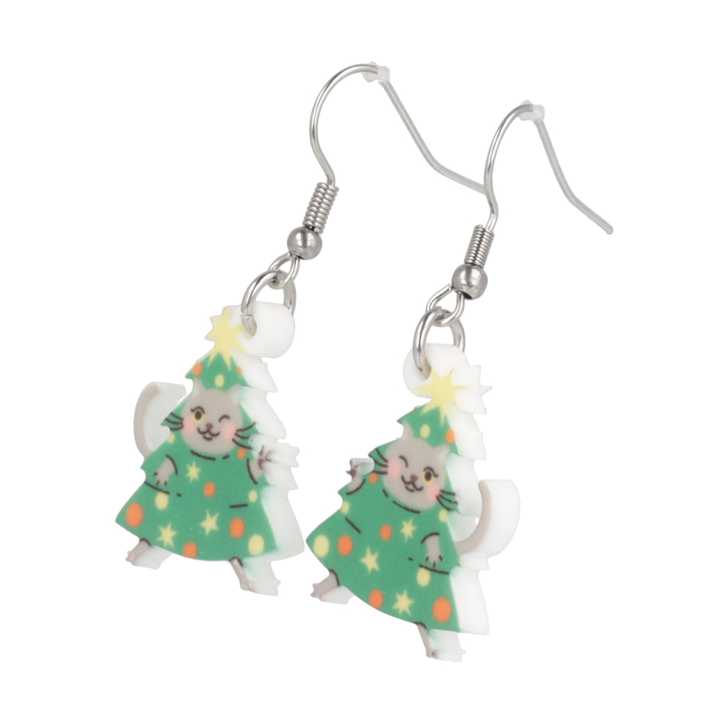 Christmas Tree Kitty Cat Earrings - Sour Cherry